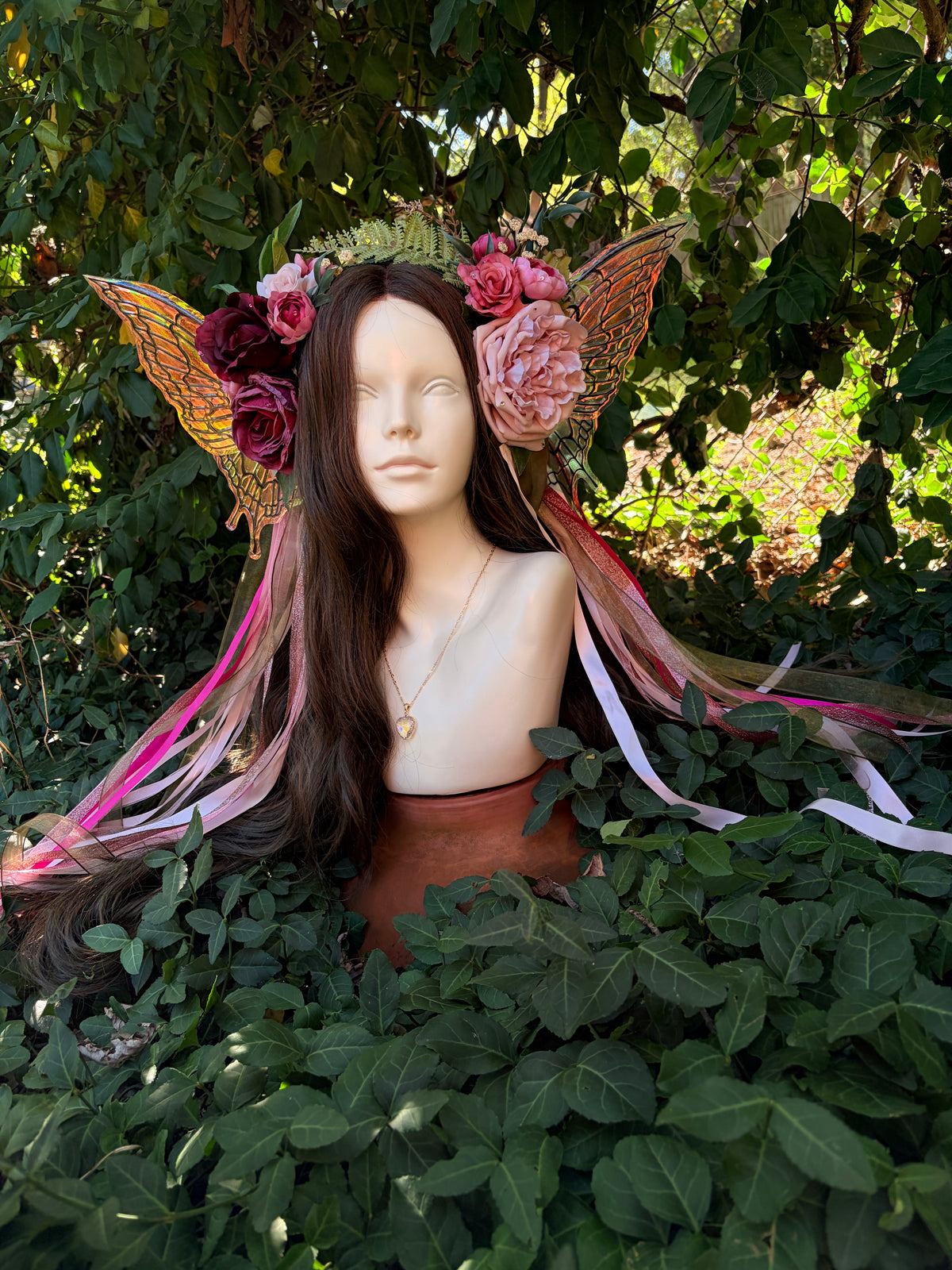 Pale Pink Storybook Style Floral Headpiece with Swarovski crystal and iridescent wings