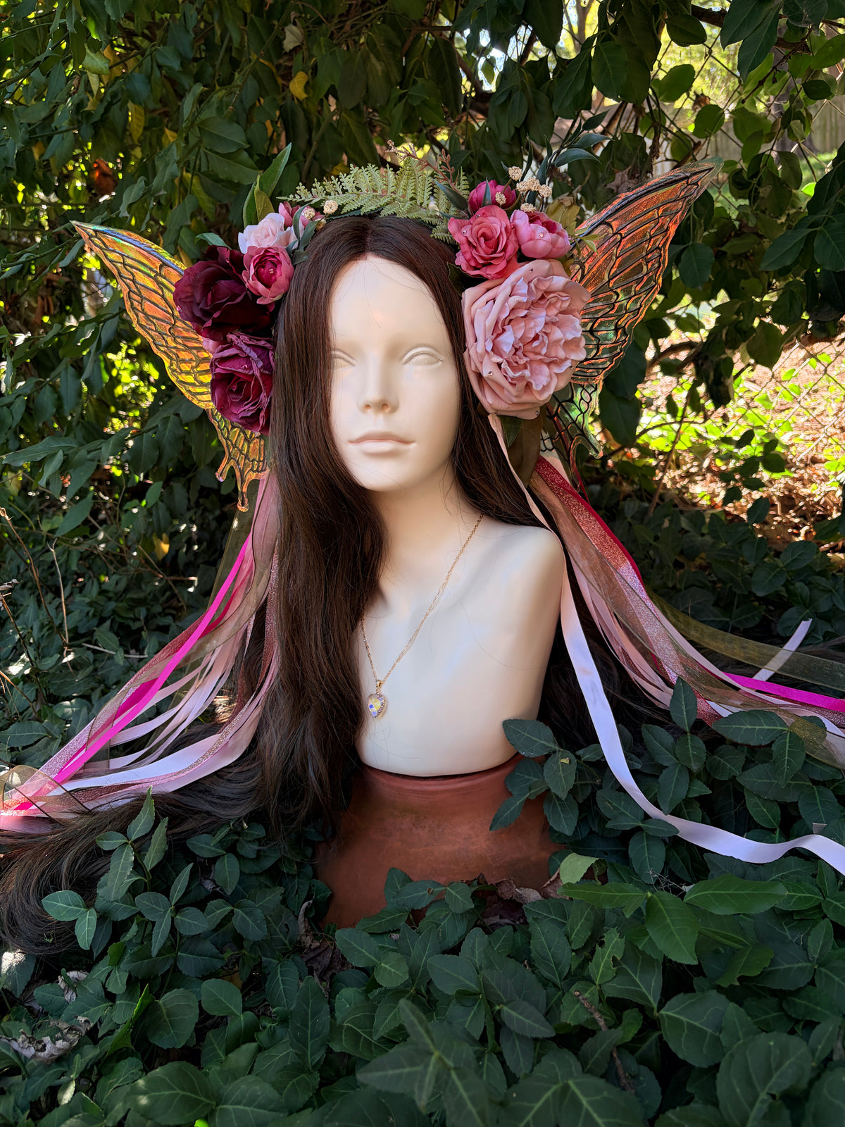 Pale Pink Storybook Style Floral Headpiece with Swarovski crystal and iridescent wings