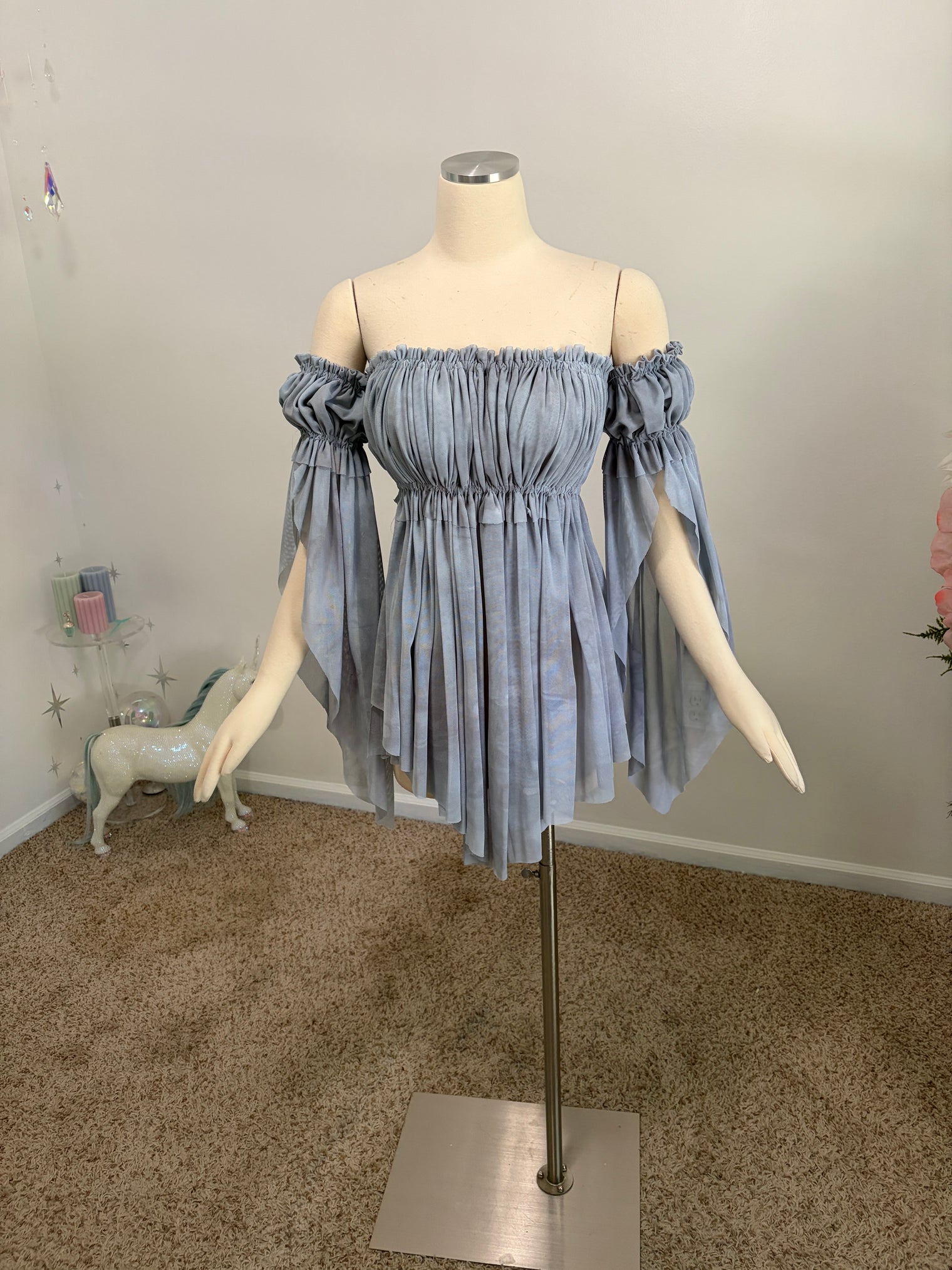 Grey mesh chemise dress and sleeves