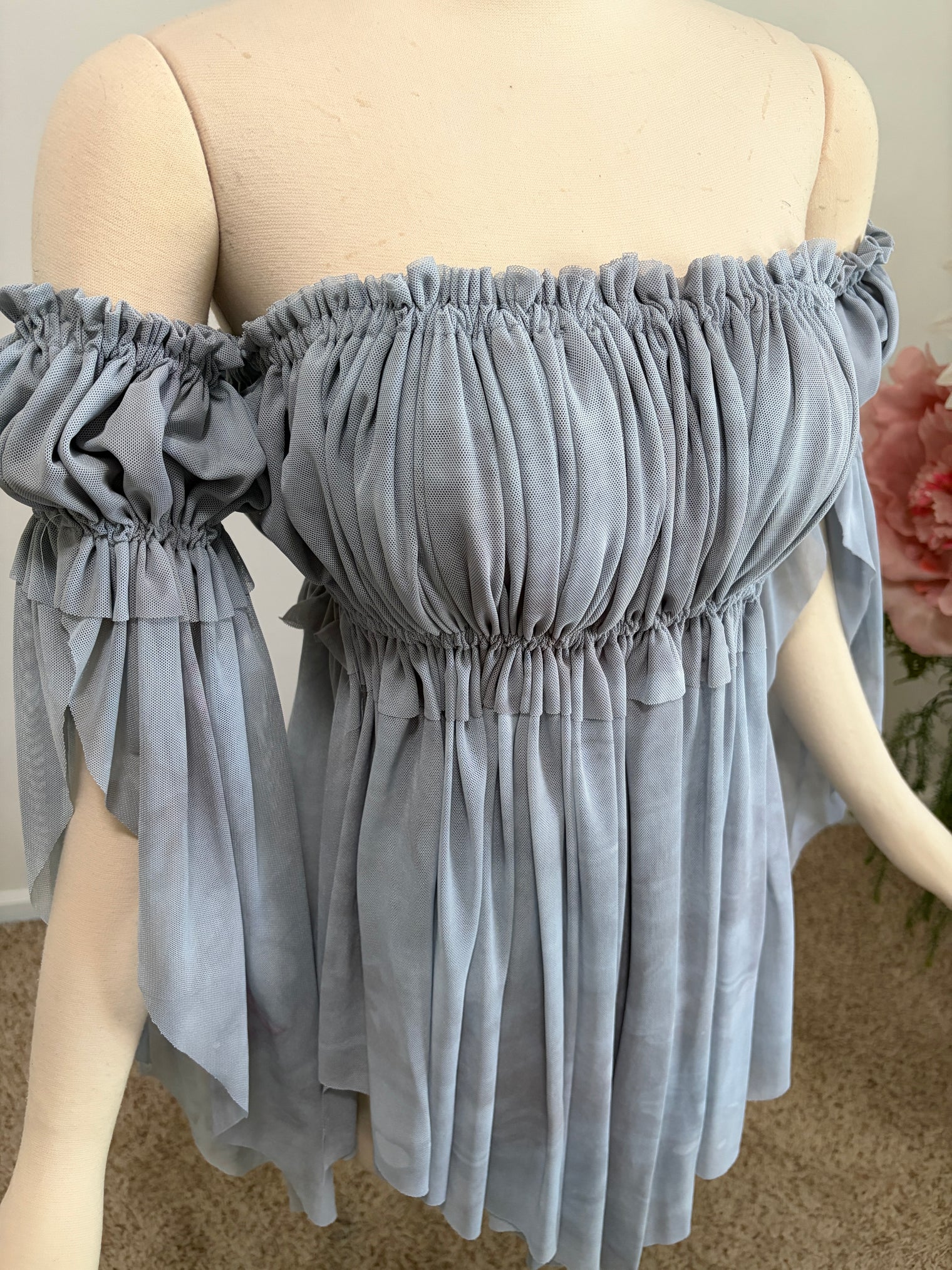 Grey mesh chemise dress and sleeves