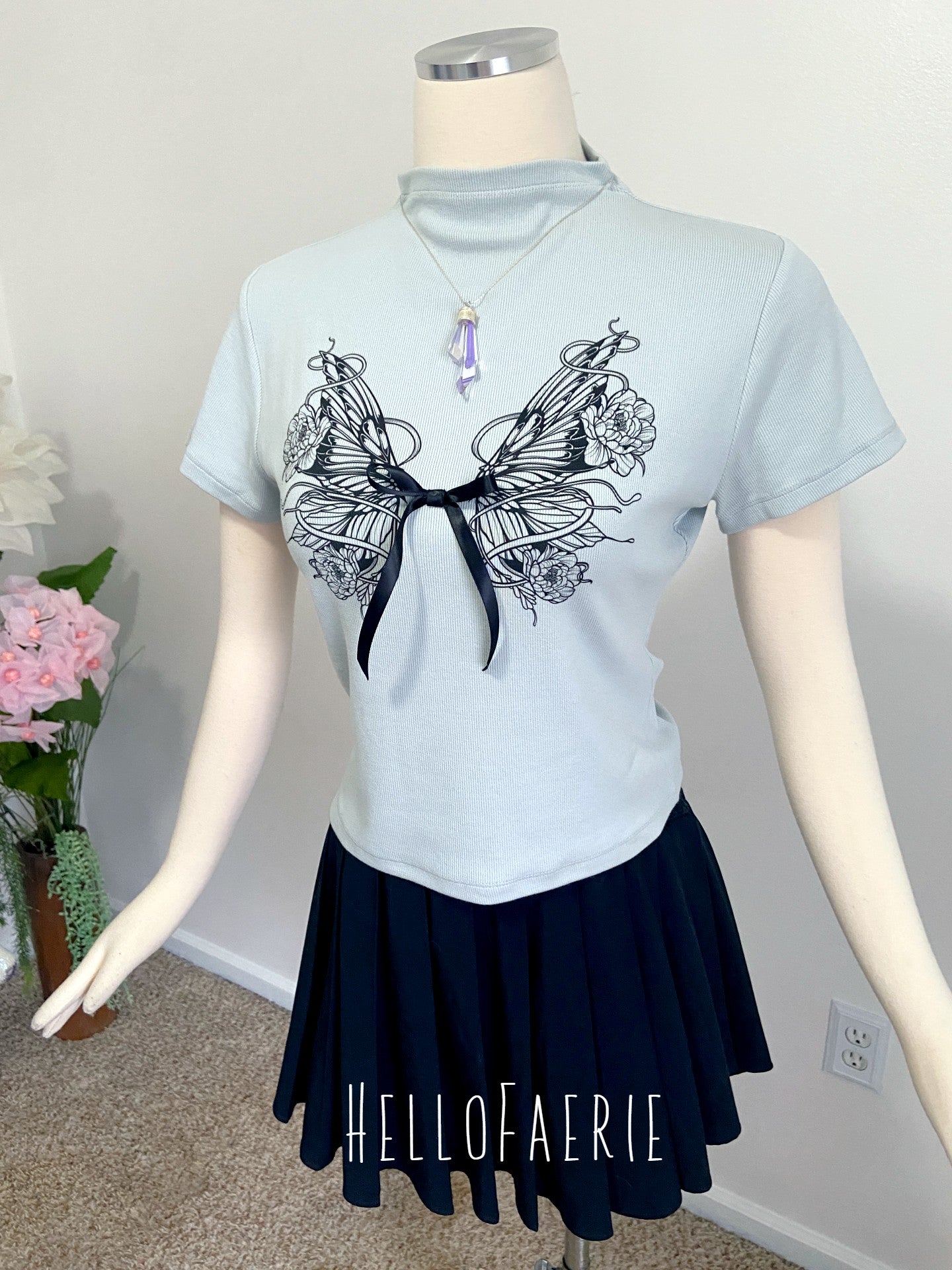 2026 HelloFaerie Mock Neck Ribbed Ribbon Top