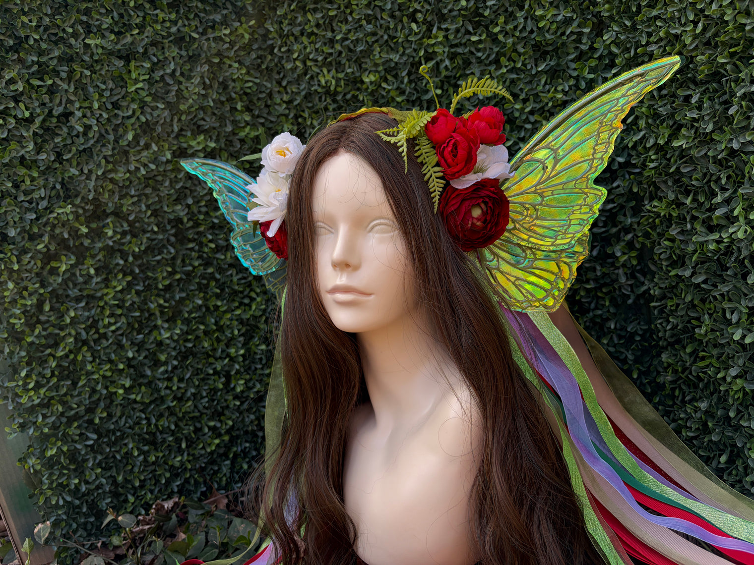 Simple Strawberry Red Floral Headpiece with iridescent wings