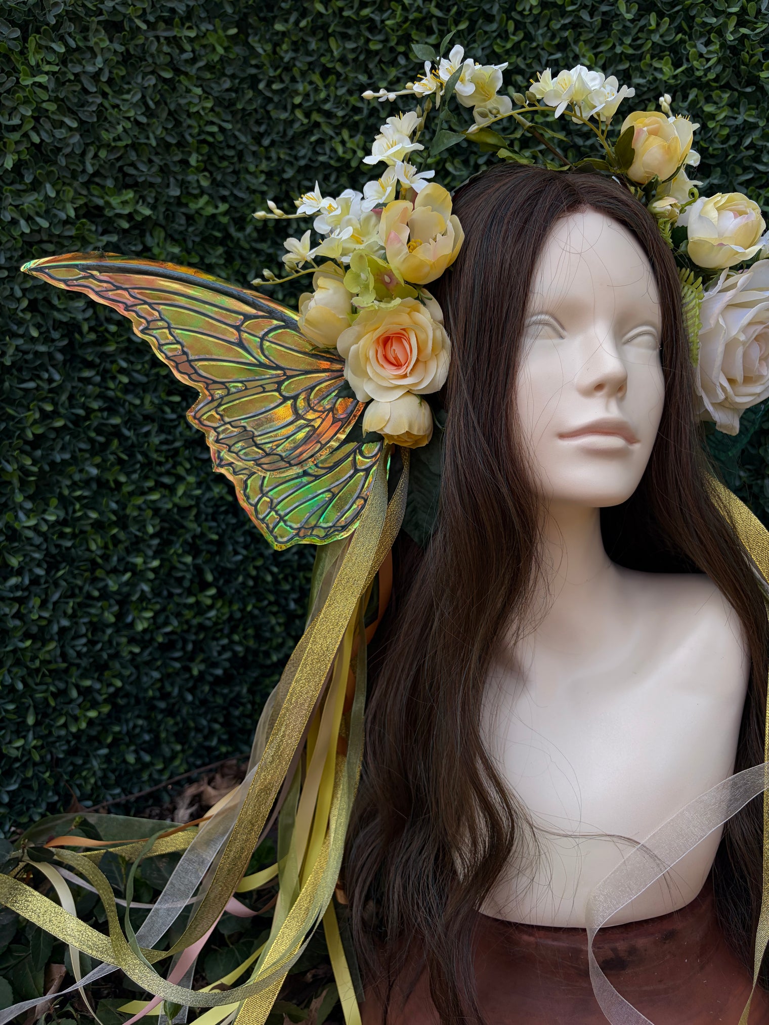 Softest Yellow Floral Headpiece with iridescent wings