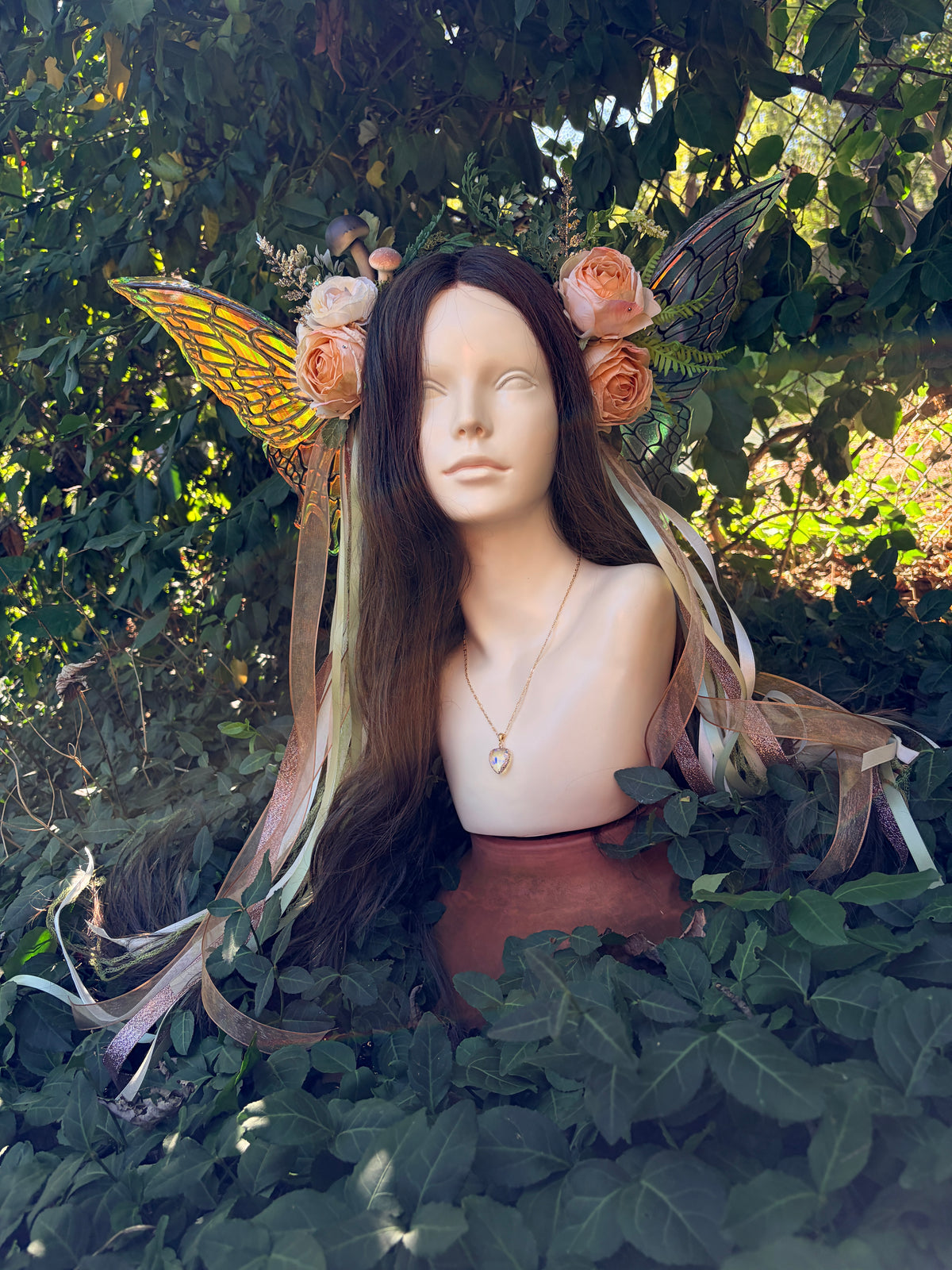 Cream Storybook Style Mushroom Floral Headpiece with Swarovski crystals and iridescent wings