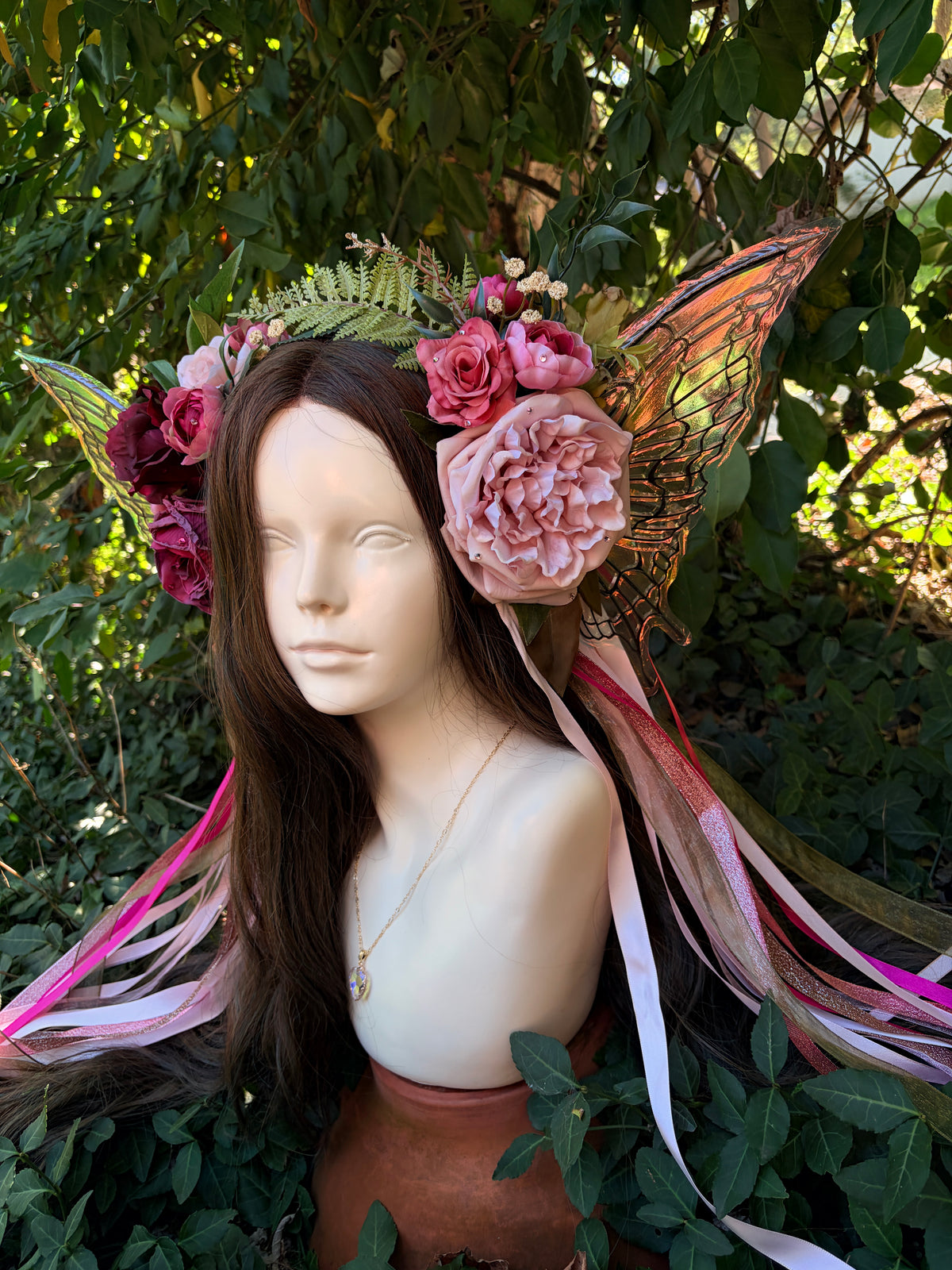 Pale Pink Storybook Style Floral Headpiece with Swarovski crystal and iridescent wings