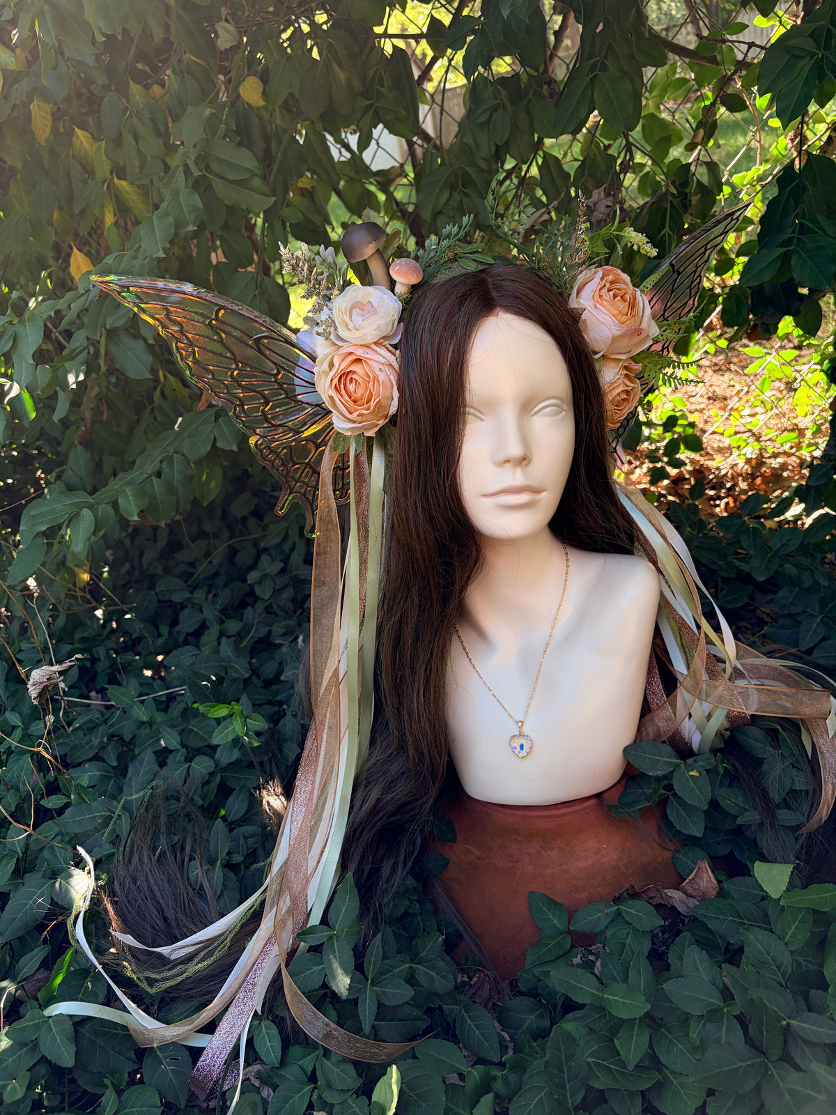 Cream Storybook Style Mushroom Floral Headpiece with Swarovski crystals and iridescent wings