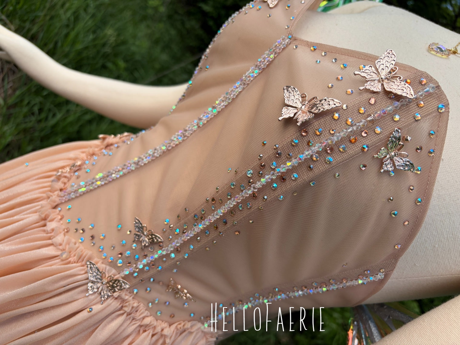 Peach Fizz sheer crystal butterfly Fairy Gown AS IS