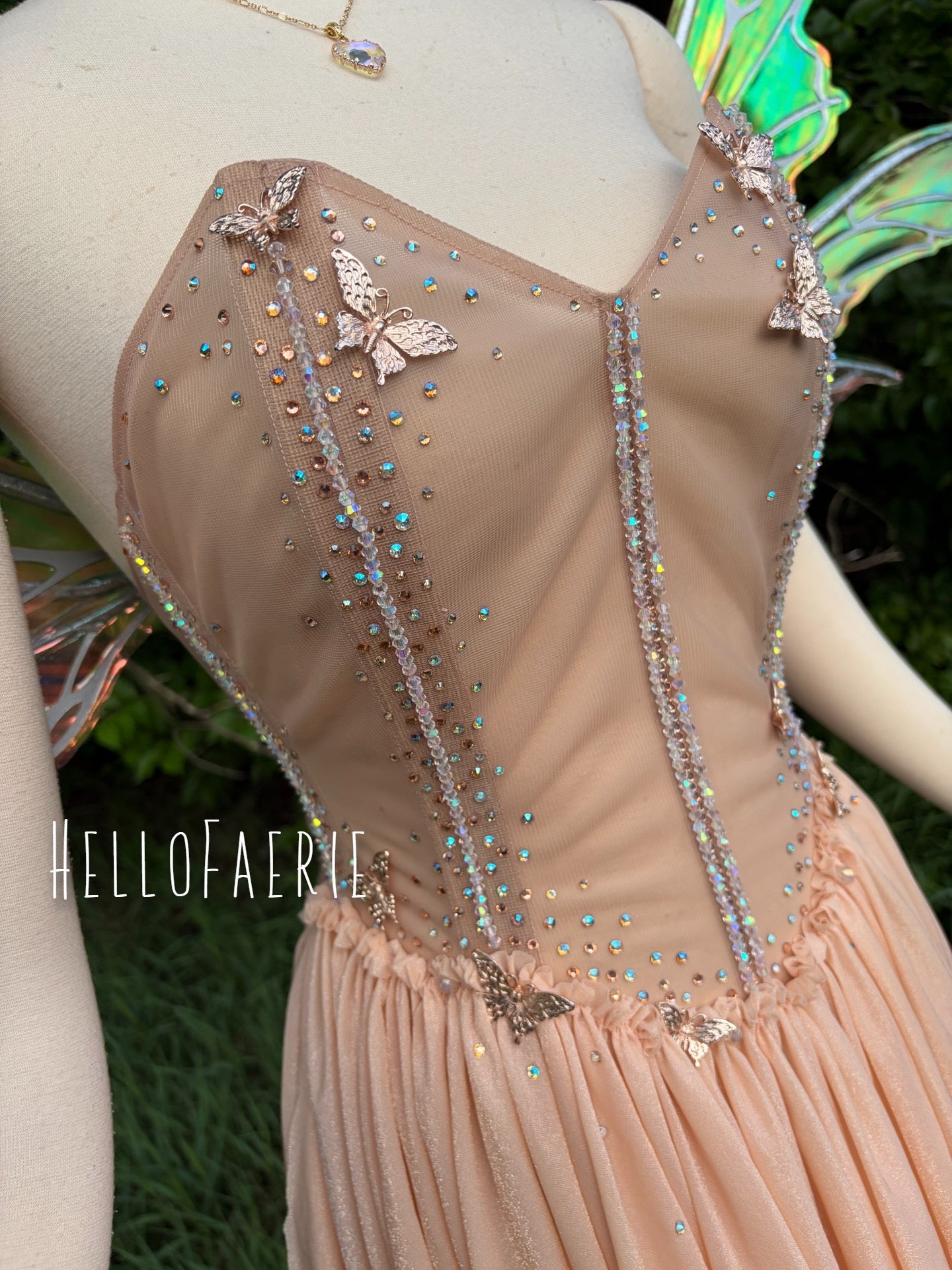 Peach Fizz sheer crystal butterfly Fairy Gown AS IS
