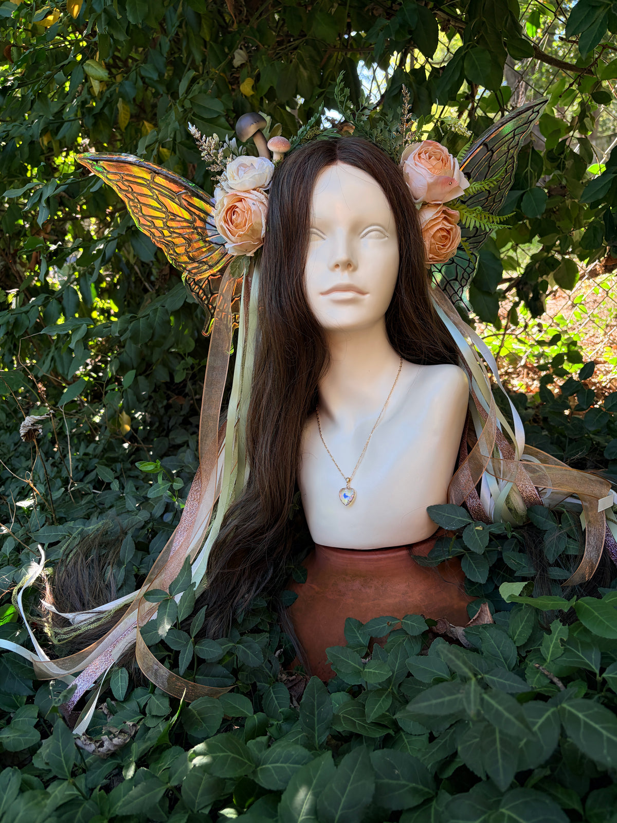 Cream Storybook Style Mushroom Floral Headpiece with Swarovski crystals and iridescent wings