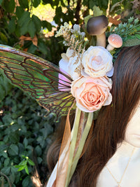 Cream Storybook Style Mushroom Floral Headpiece with Swarovski crystals and iridescent wings