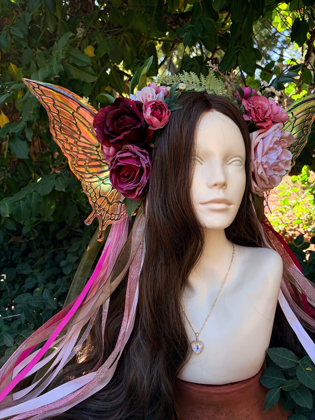 Pale Pink Storybook Style Floral Headpiece with Swarovski crystal and iridescent wings
