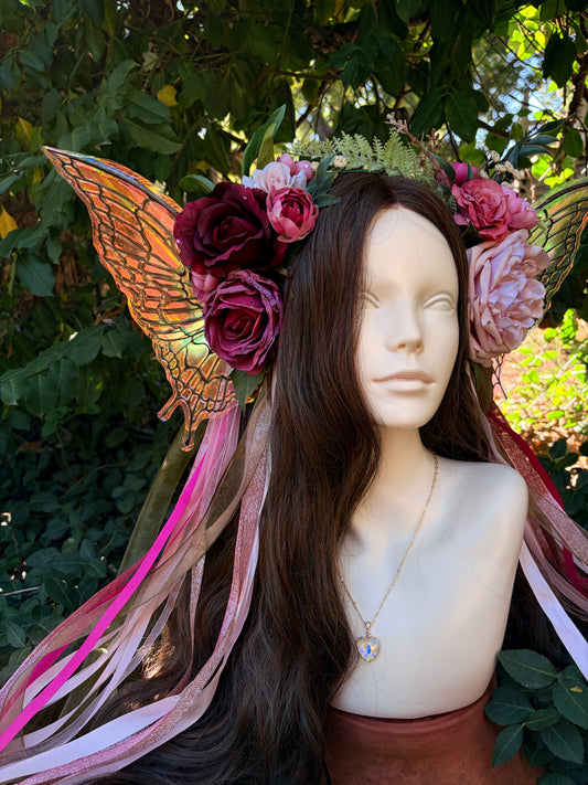 Pale Pink Storybook Style Floral Headpiece with Swarovski crystal and iridescent wings