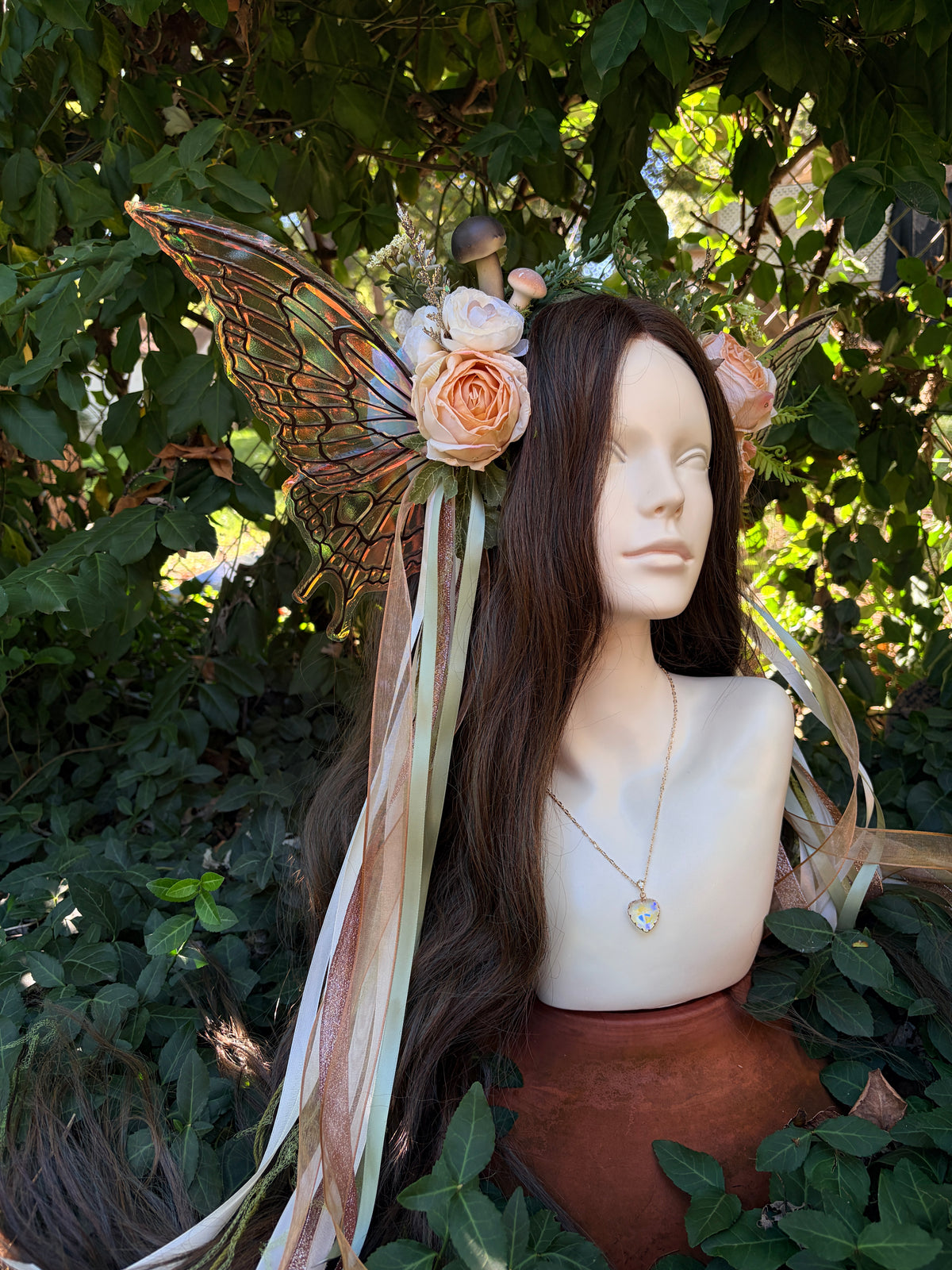 Cream Storybook Style Mushroom Floral Headpiece with Swarovski crystals and iridescent wings