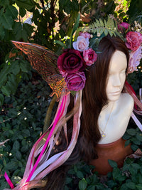 Pale Pink Storybook Style Floral Headpiece with Swarovski crystal and iridescent wings