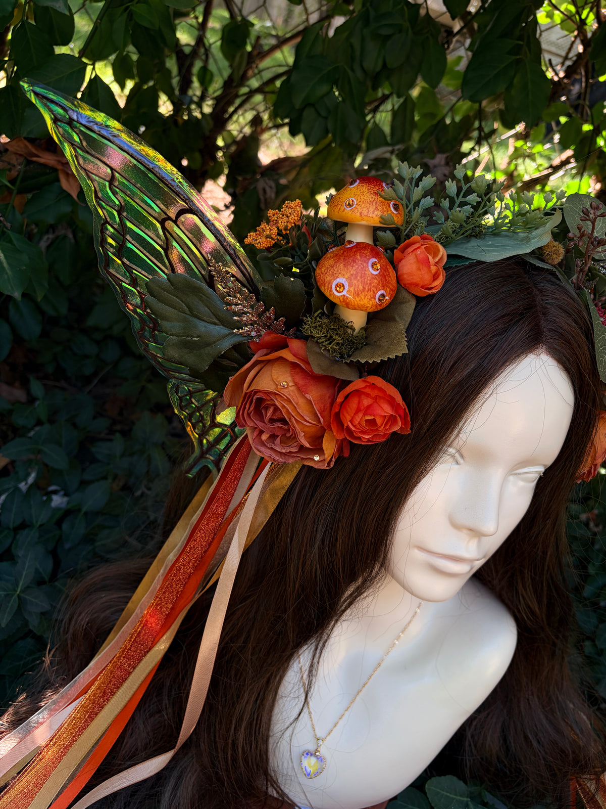 Autumn Orange Storybook Style Mushroom Floral Headpiece with Swarovski crystals and iridescent wings
