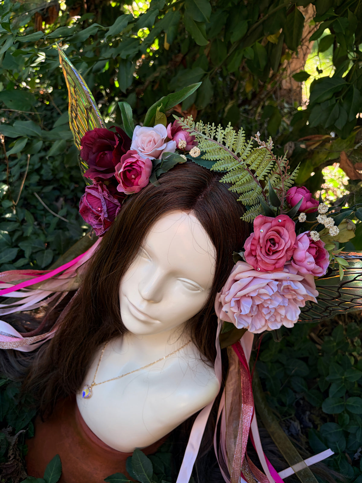 Pale Pink Storybook Style Floral Headpiece with Swarovski crystal and iridescent wings