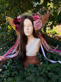 Pale Pink Storybook Style Floral Headpiece with Swarovski crystal and iridescent wings