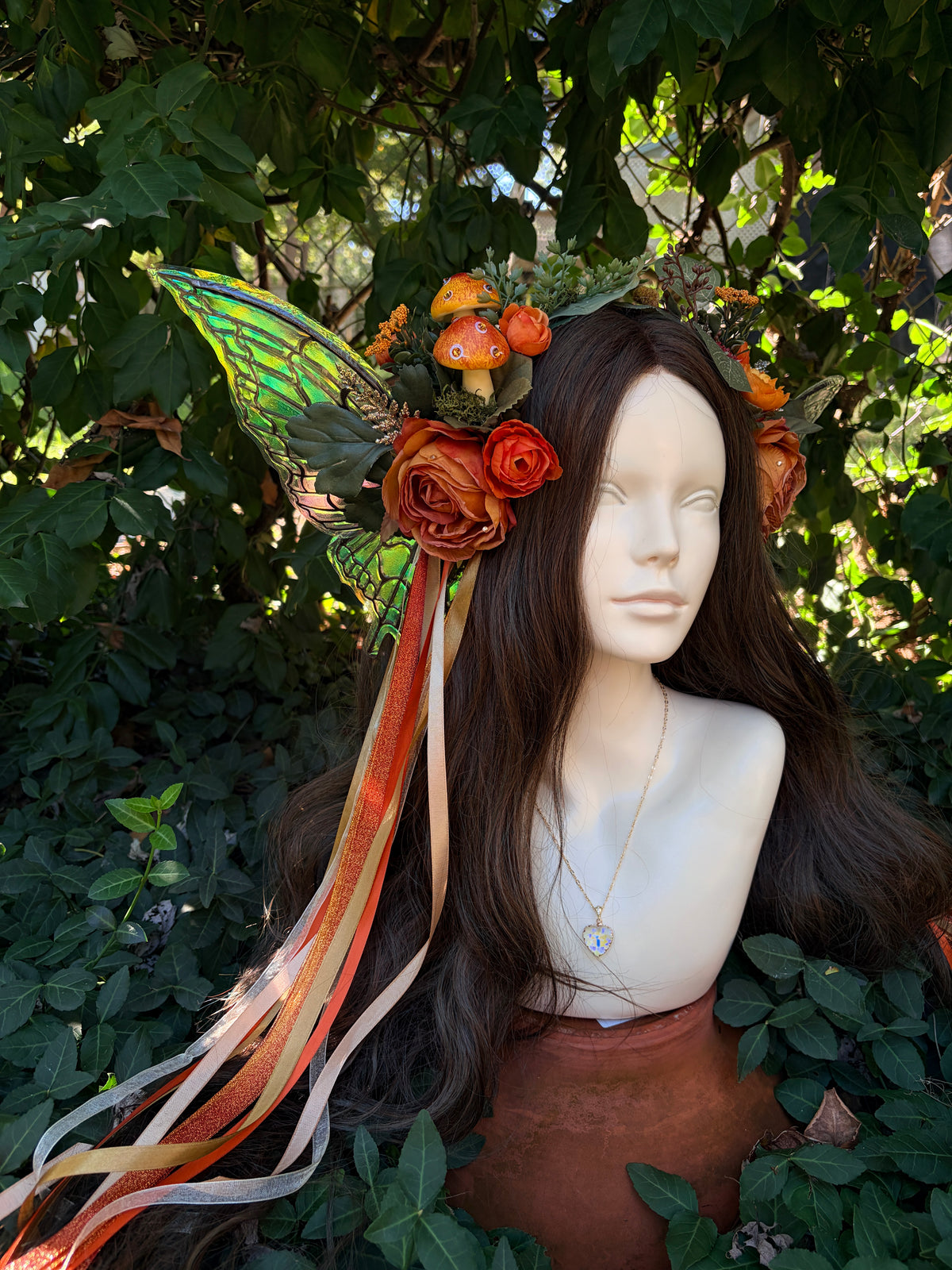 Autumn Orange Storybook Style Mushroom Floral Headpiece with Swarovski crystals and iridescent wings