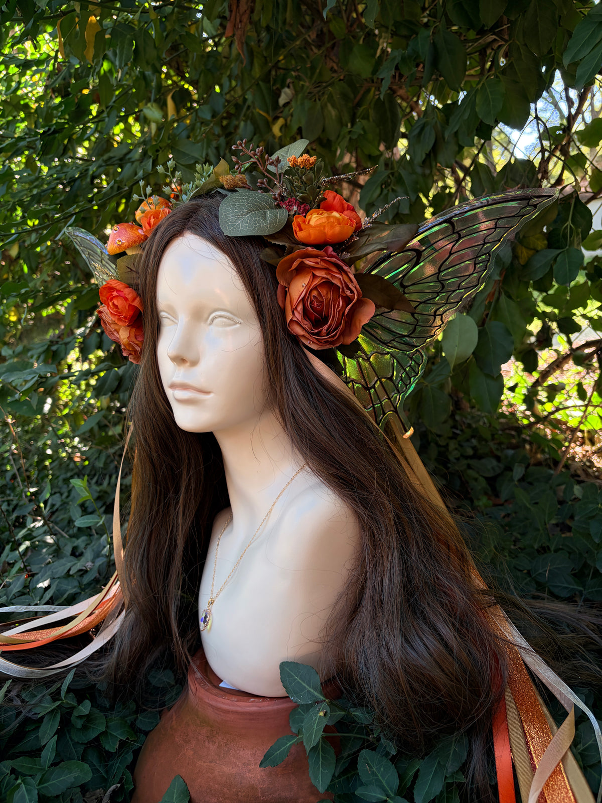 Autumn Orange Storybook Style Mushroom Floral Headpiece with Swarovski crystals and iridescent wings