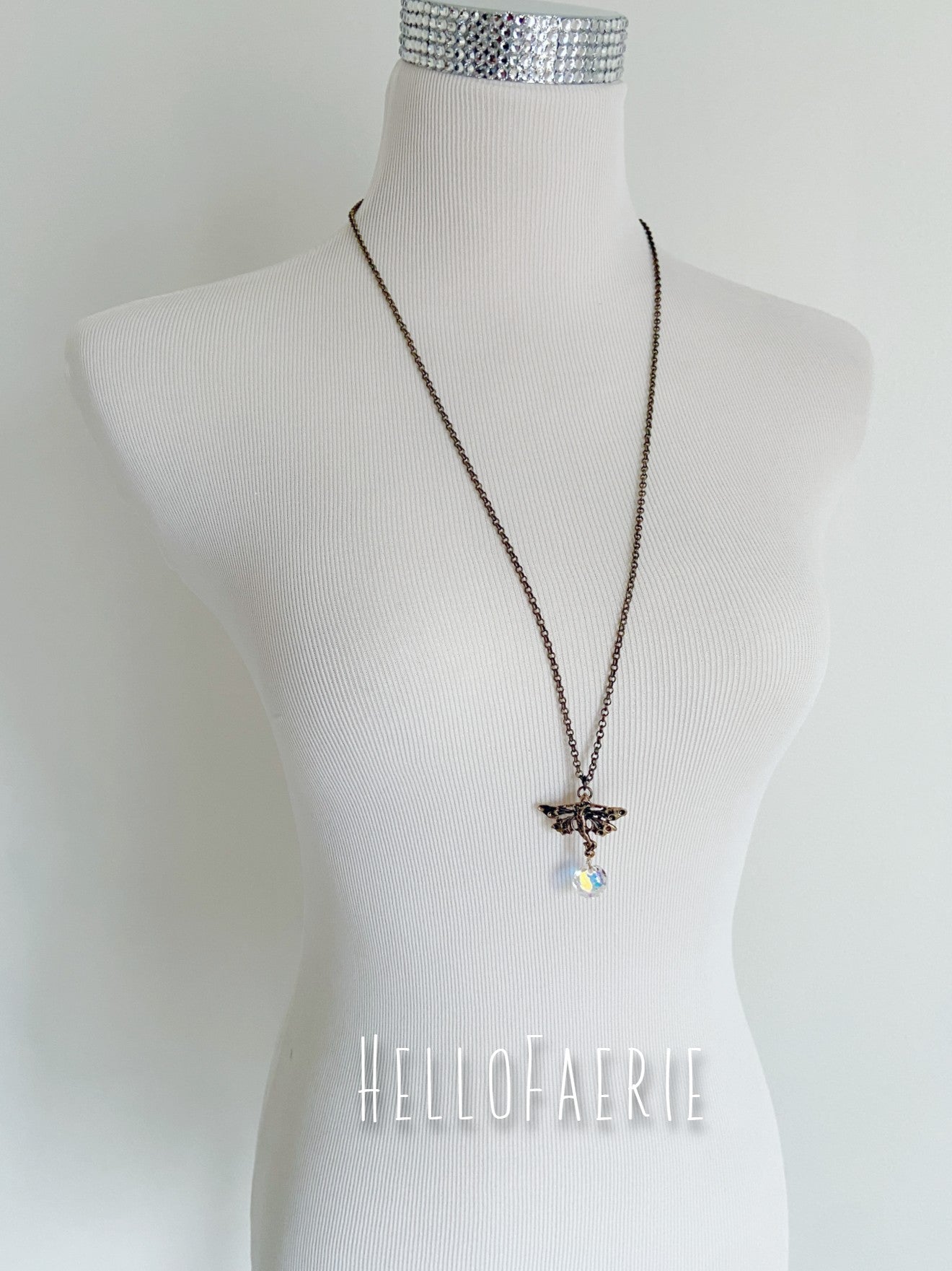 Brass Fairy and Swarovski Crystal Necklace