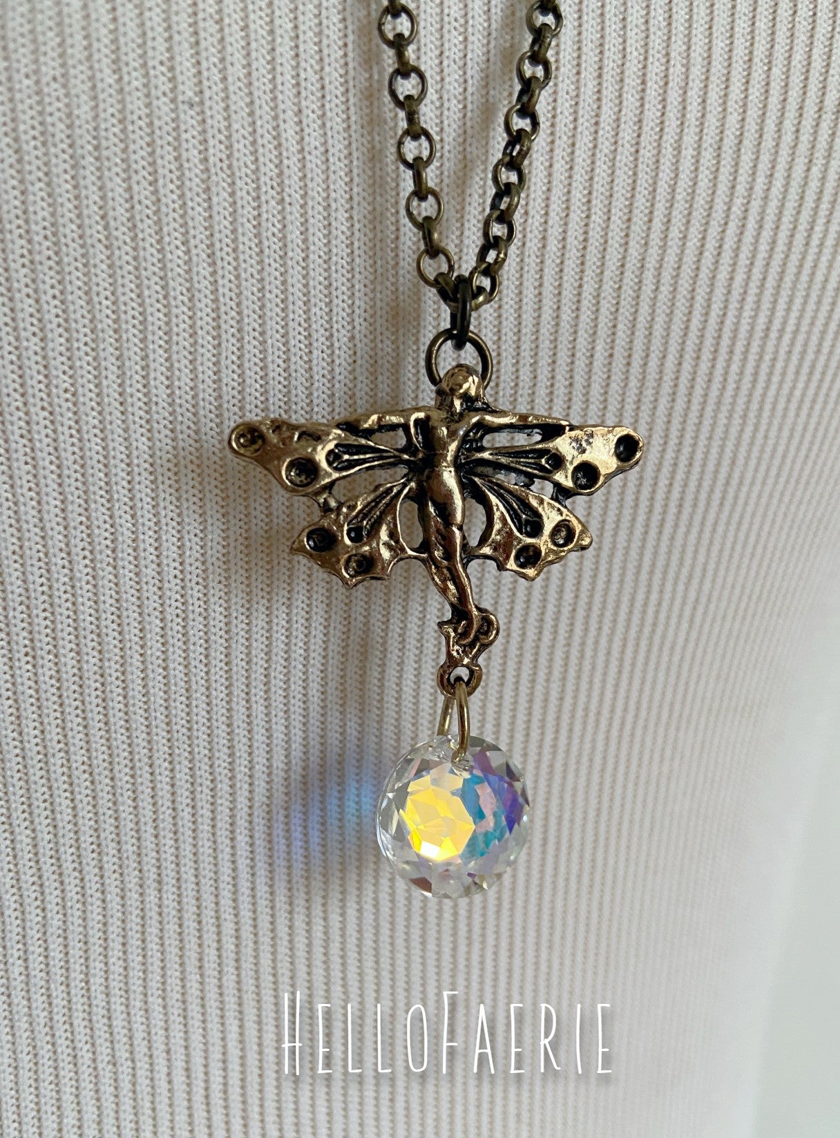 Brass Fairy and Swarovski Crystal Necklace