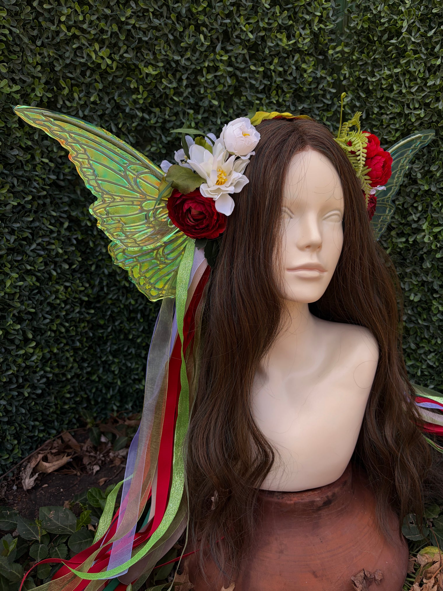 Simple Strawberry Red Floral Headpiece with iridescent wings