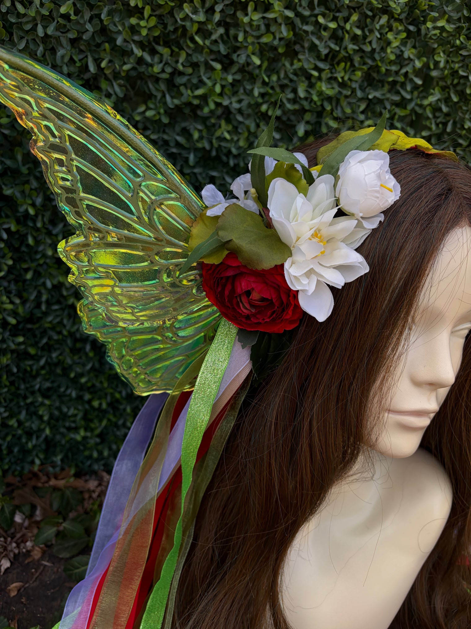 Simple Strawberry Red Floral Headpiece with iridescent wings