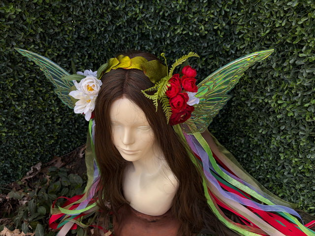 Simple Strawberry Red Floral Headpiece with iridescent wings