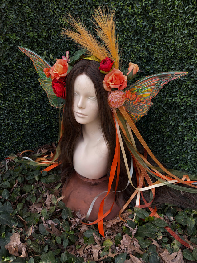 Orange Fire Floral Headpiece with iridescent wings