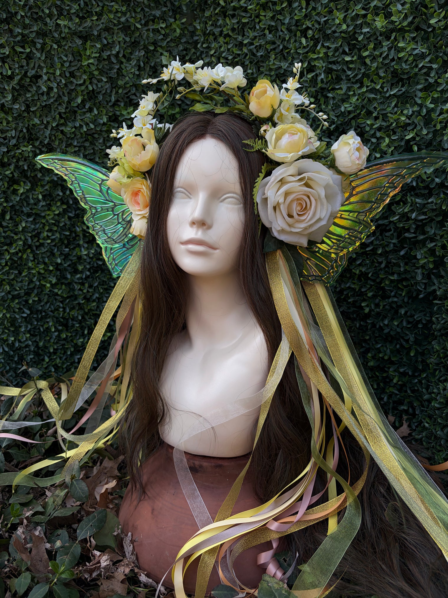Softest Yellow Floral Headpiece with iridescent wings