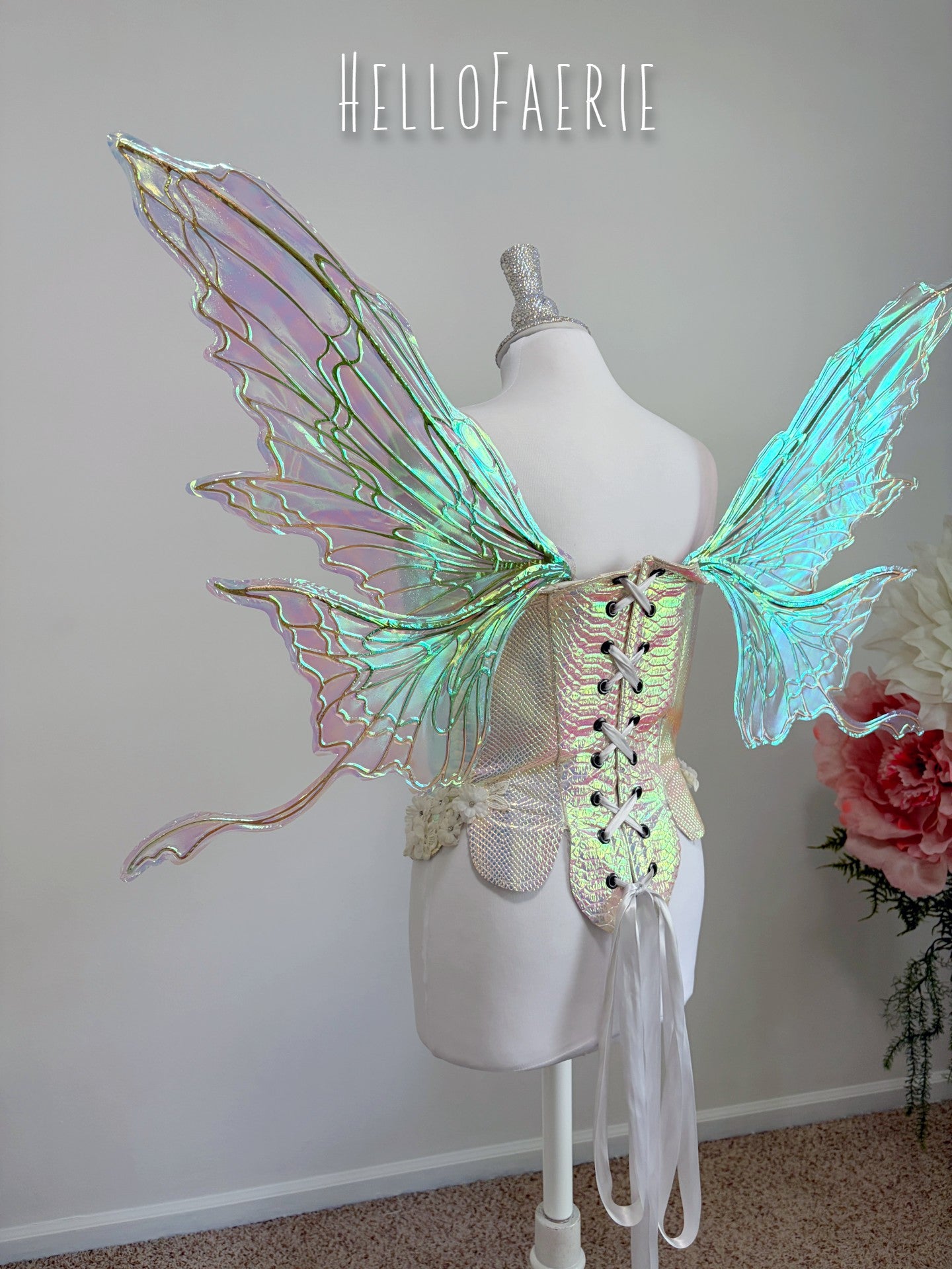 Green and gold Malibu Medium size iridescent fairy wings
